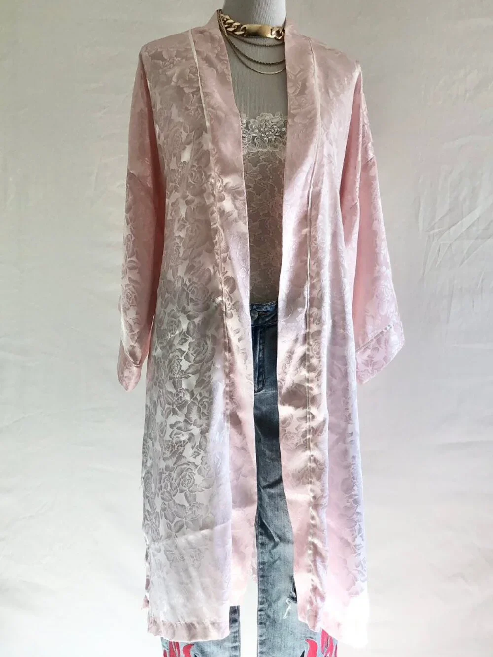 Vintage 80s Victoria's Secret Pink Satin Jacquard Robe Size OS